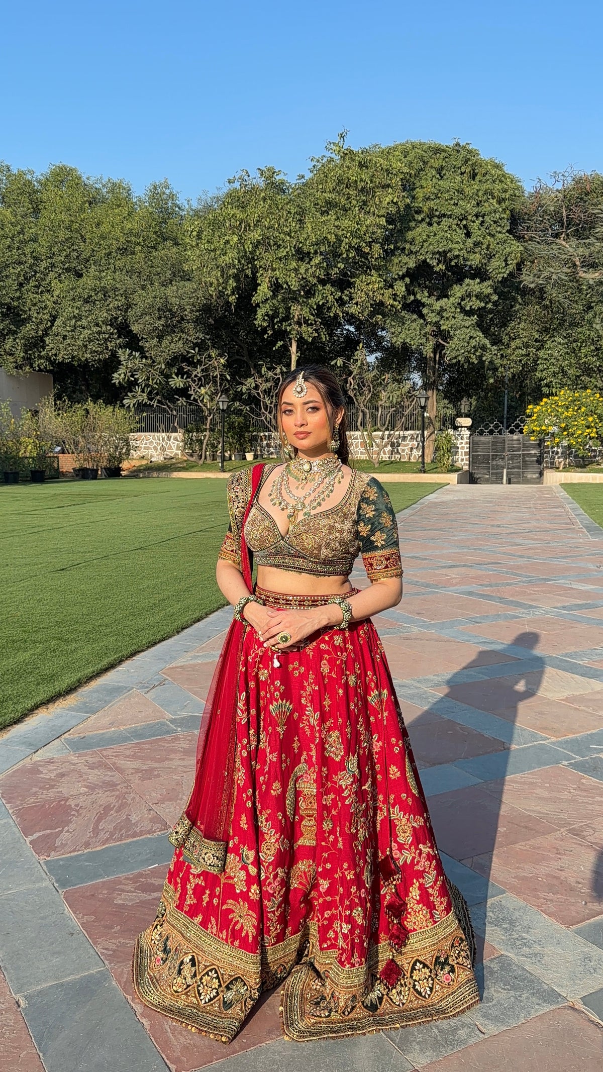 Odhni red bridal lehenga